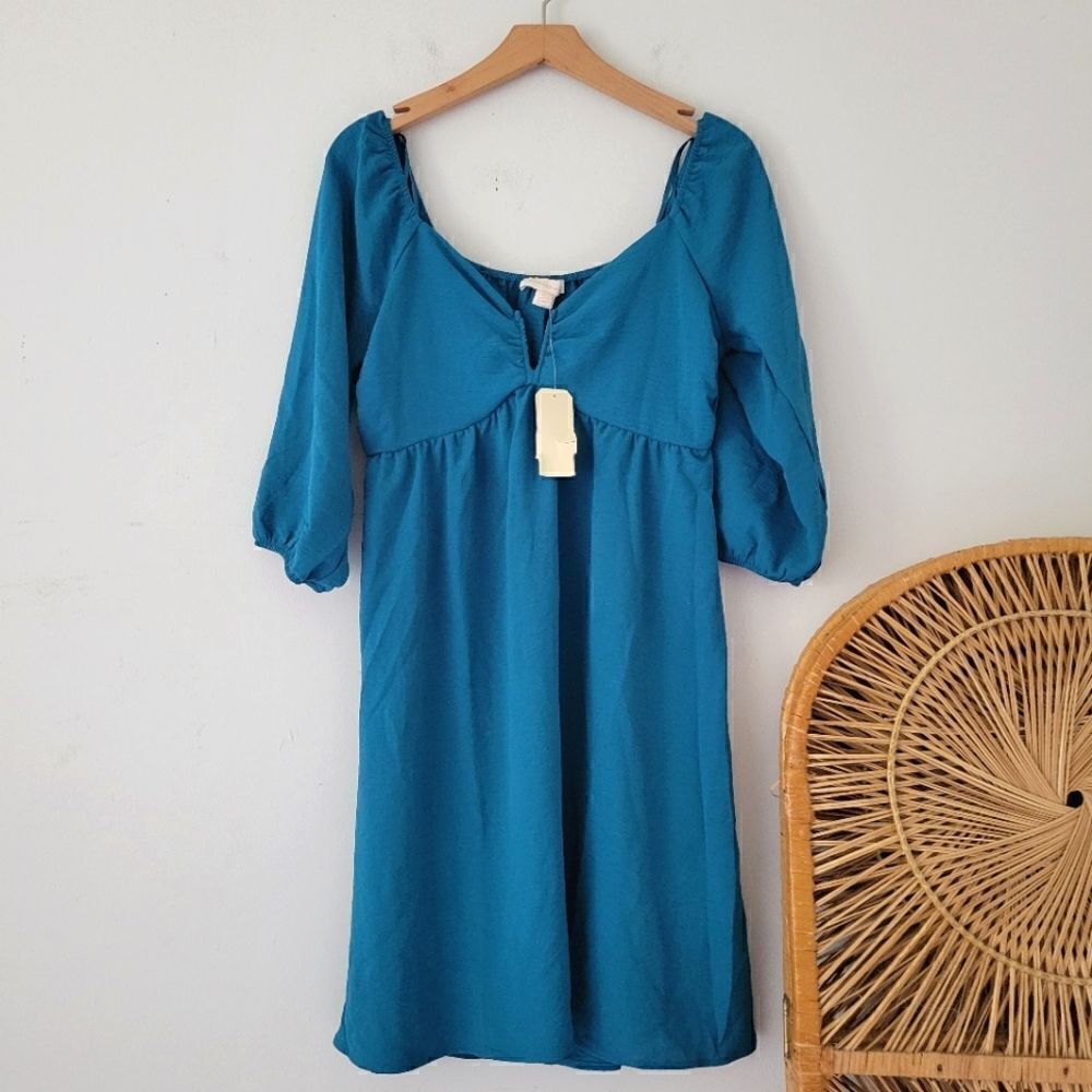 Monteau Teal Mini Dress Puff Sleeves NWT M